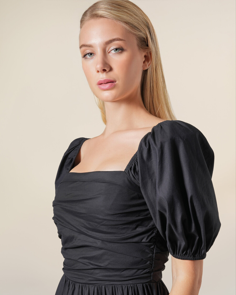 midikleid mit puffärmeln und raffungen
