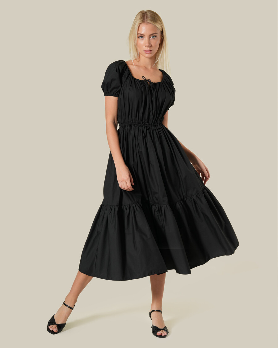 baumwoll-midikleid mit puffärmeln